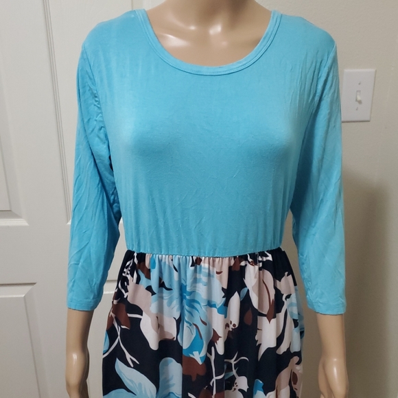 WNEEDU L aqua blue quarter sleeve scoopneck maxi floral skirt pockets - Picture 2 of 10